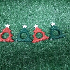 1992 Department 56 ceramic Christmas tree napkin ring Holder Lot Of 4 Red Green